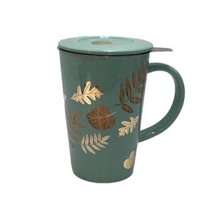🍄 David’s Tea Mug with Lid and Strainer Insert - Leaf Pattern